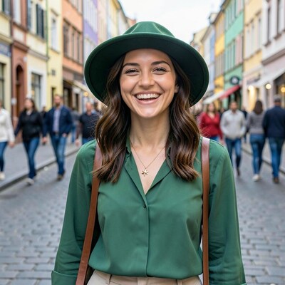Smiling Woman Green Hat City Street