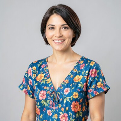 Smiling Latina Woman Floral Blouse Portrait