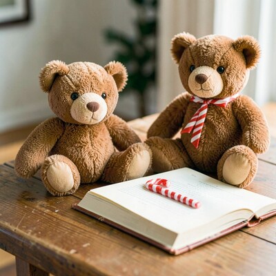 Teddy Bears with Book and Candy Cane