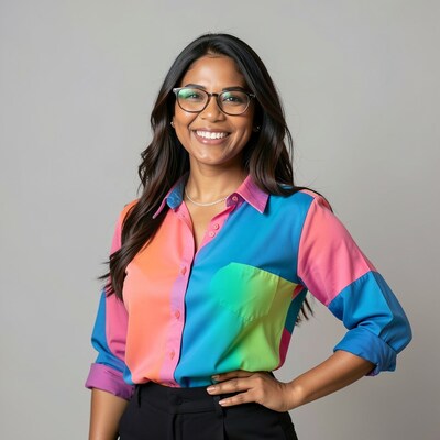 Smiling Indian Woman Colorful Shirt