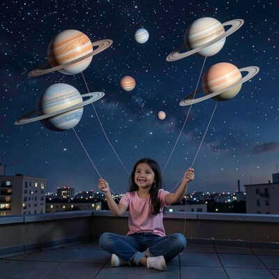 Asian Girl Holding Planets at Night