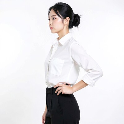 Asian Woman White Shirt Black Pants