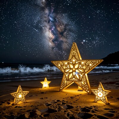 Glowing Star Lanterns on Night Beach