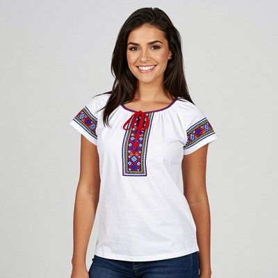 Latina Woman in Embroidered White Blouse