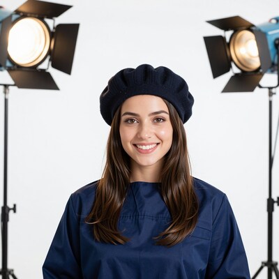 Smiling Woman Blue Beret Studio Lights