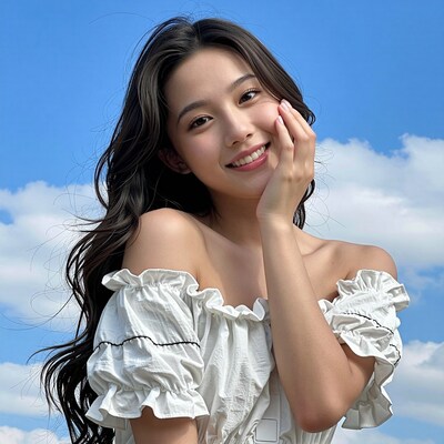 Smiling Asian Woman Blue Sky Portrait