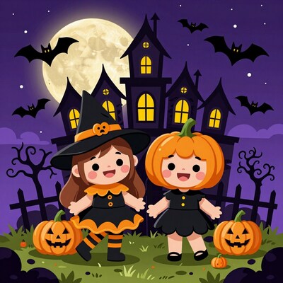 Cartoon Halloween Girls Witch Pumpkin