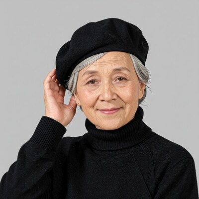Elderly Asian Woman Black Beret Portrait