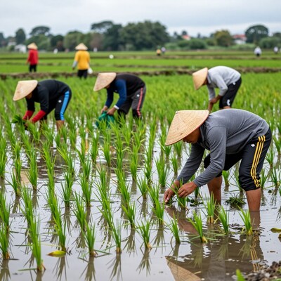 Asian Men Planting Rice in Paddy