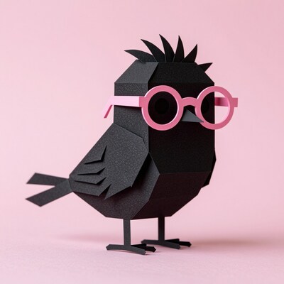 Black Paper Bird with Pink Glasses