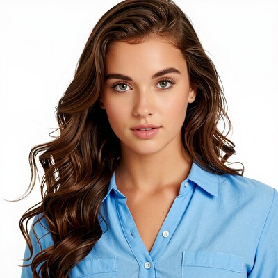 Caucasian Woman Long Brown Hair Blue Shirt