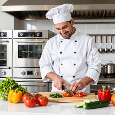 Caucasian Male Chef Chopping Vegetables