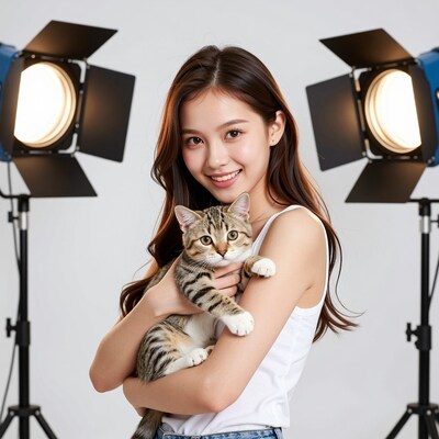 Asian Woman Holding Tabby Cat Studio