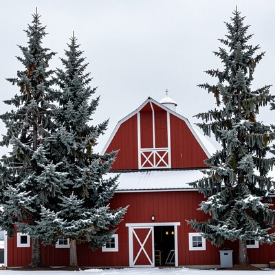 Snowy Red Barn Winter Scene