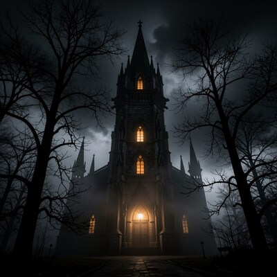 Gothic Cathedral Foggy Night