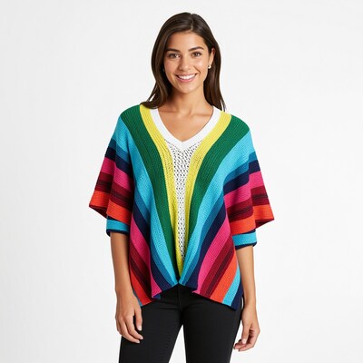 Woman Colorful Striped Poncho Sweater