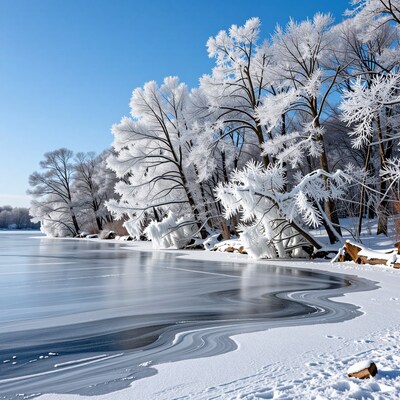 Frozen Lake Snowy Trees Winter Landscape