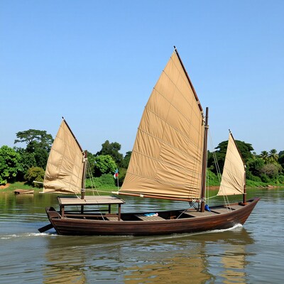 Traditional Wooden Sailboat on River