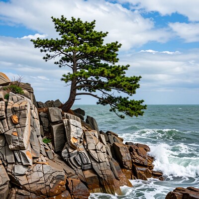 Pine Tree on Rocky Ocean Cliff