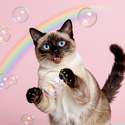 Cute Siamese Cat With Bubbles Rainbow