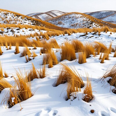 Snowy Hills Golden Grass Landscape