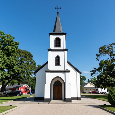 White Church Steeple Blue Sky