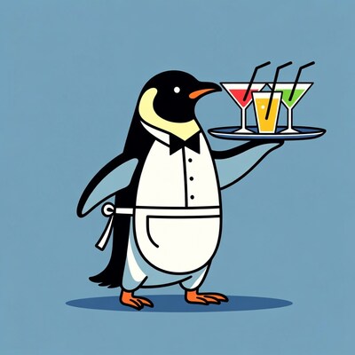 Penguin Waiter Serving Cocktails
