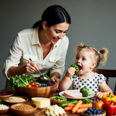 Mother feeding toddler broccoli