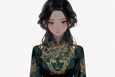 Asian woman in Versace Medusa green dress