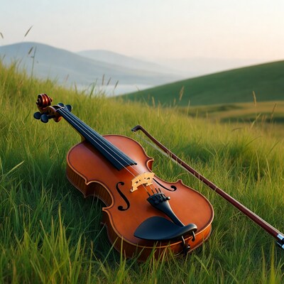 Violin in grassy field