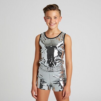 Boy in silver sequin romper