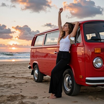 Woman by Red VW Van on Beach at Sunset