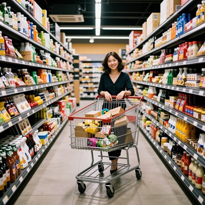 Asian woman grocery shopping