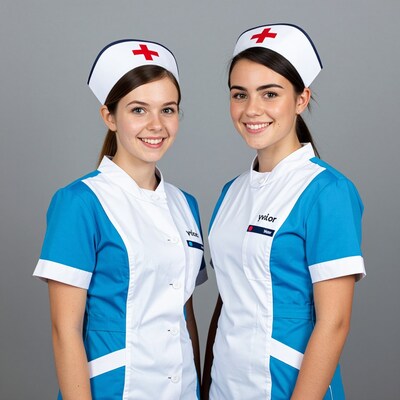Two smiling nurses in blue uniforms