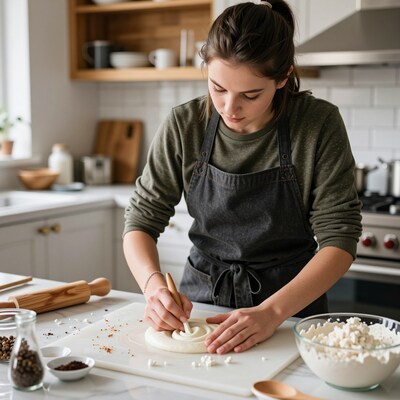 Woman piping dough in kitchen