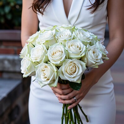 Woman holding white rose bouquet