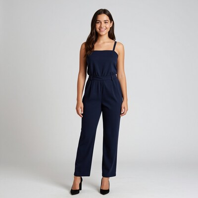 Woman in Navy Jumpsuit