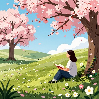 Girl Reading Under Cherry Blossom Tree