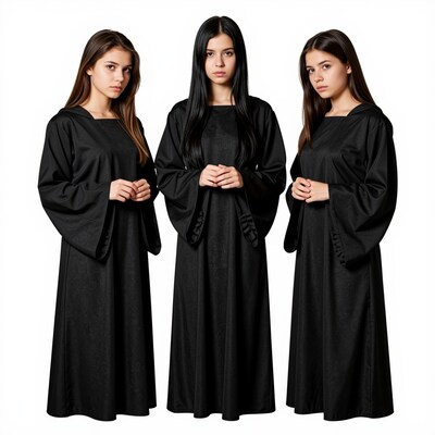 Three young women in black graduation gowns