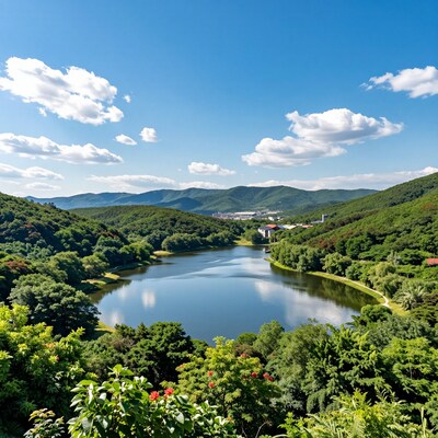 Serene Lake in Lush Green Mountains