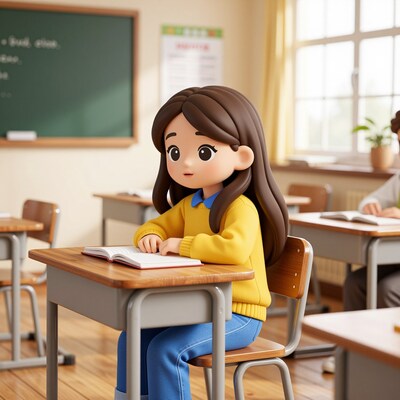 Cartoon girl studying in classroom