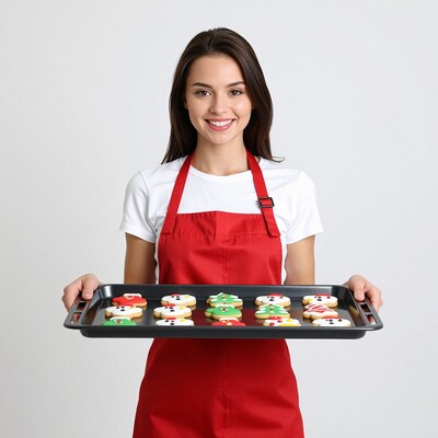 Woman holding Christmas cookies tray