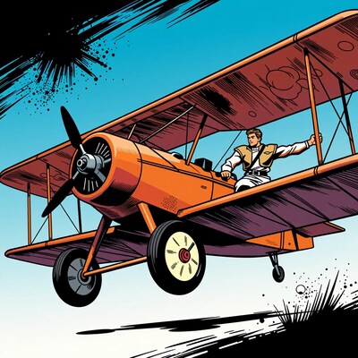 Pilot Flying Orange Biplane