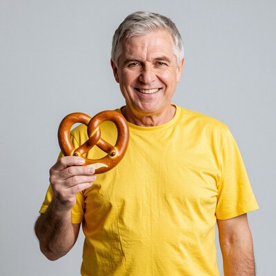Smiling older man holding pretzel