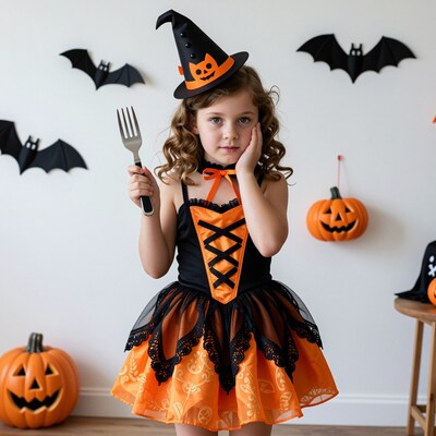 Young girl in witch Halloween costume