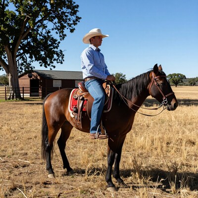 Cowboy on Horse in Ranch Field