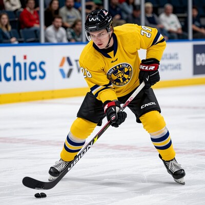 Hockey player in yellow jersey controlling puck