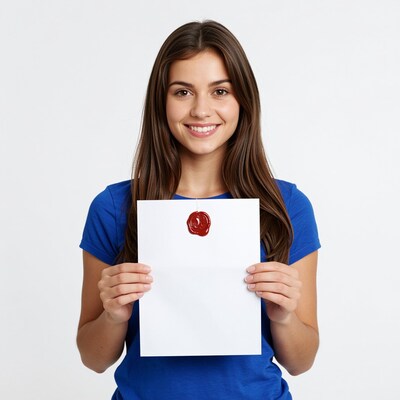 Smiling Woman Holding Sealed Document
