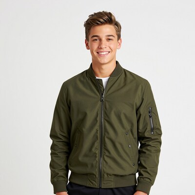 Young man in olive bomber jacket