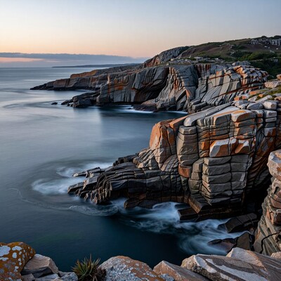 Dramatic Layered Coastal Cliffs at Sunset
